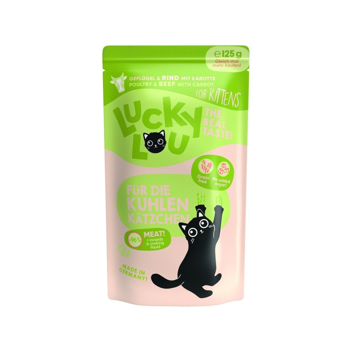 Artikel mit dem Namen Lucky Lou Lifestage Kitten Geflügel + Rind im Shop von zoo.de , dem Onlineshop für nachhaltiges Hundefutter und Katzenfutter.