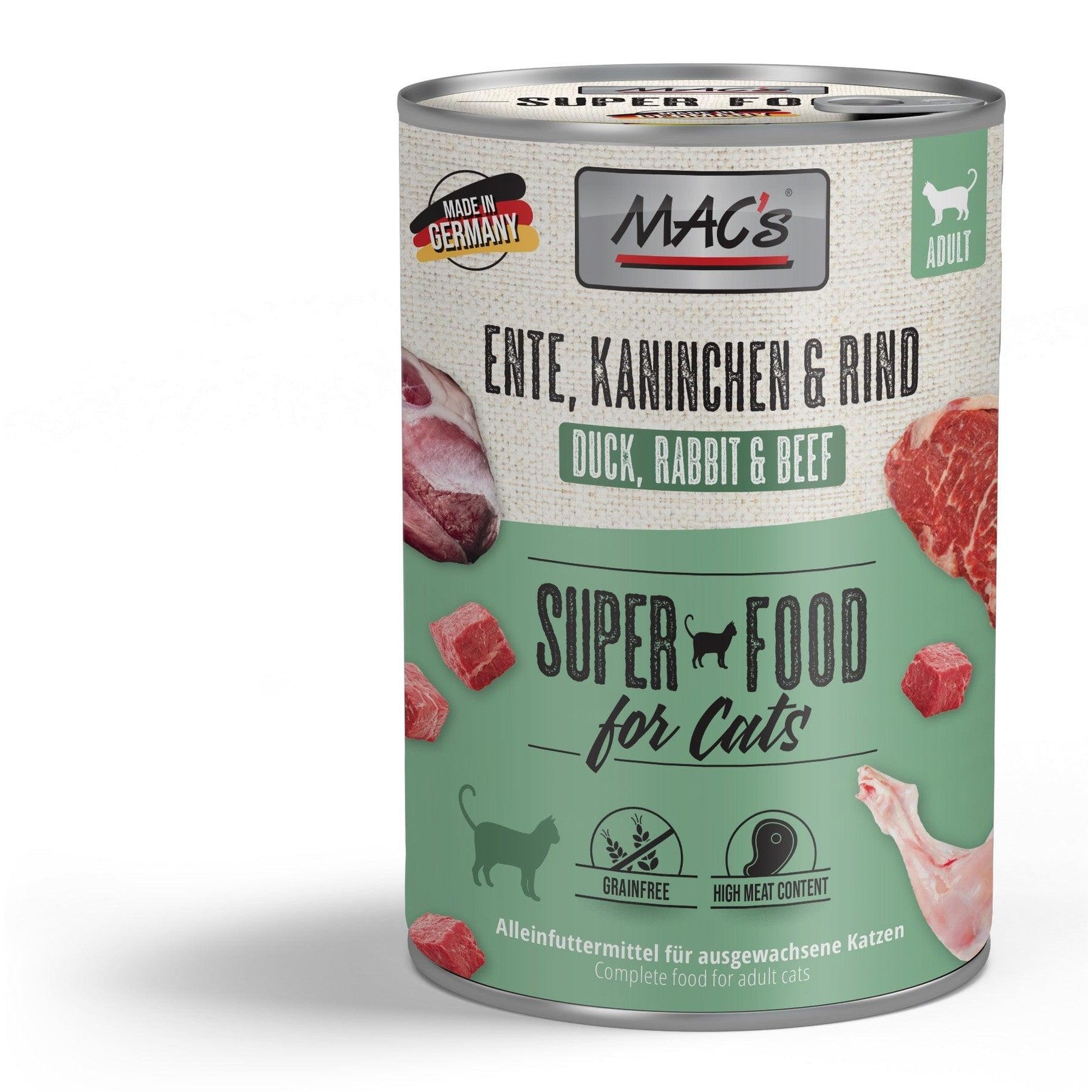 Artikel mit dem Namen MAC's Cat Ente, Kaninchen & Rind im Shop von zoo.de , dem Onlineshop für nachhaltiges Hundefutter und Katzenfutter.