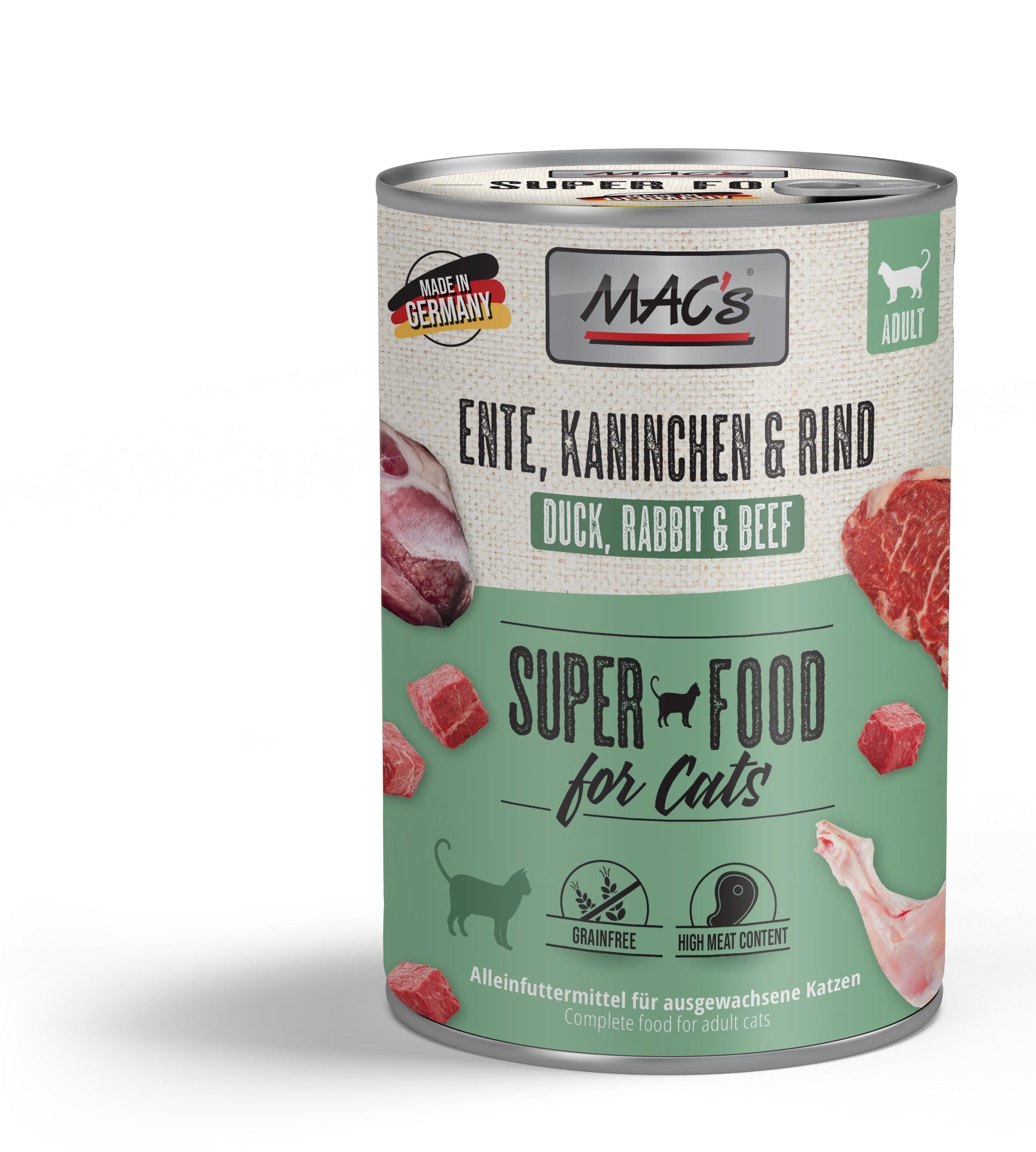 Artikel mit dem Namen MAC's Cat Ente, Kaninchen & Rind im Shop von zoo.de , dem Onlineshop für nachhaltiges Hundefutter und Katzenfutter.