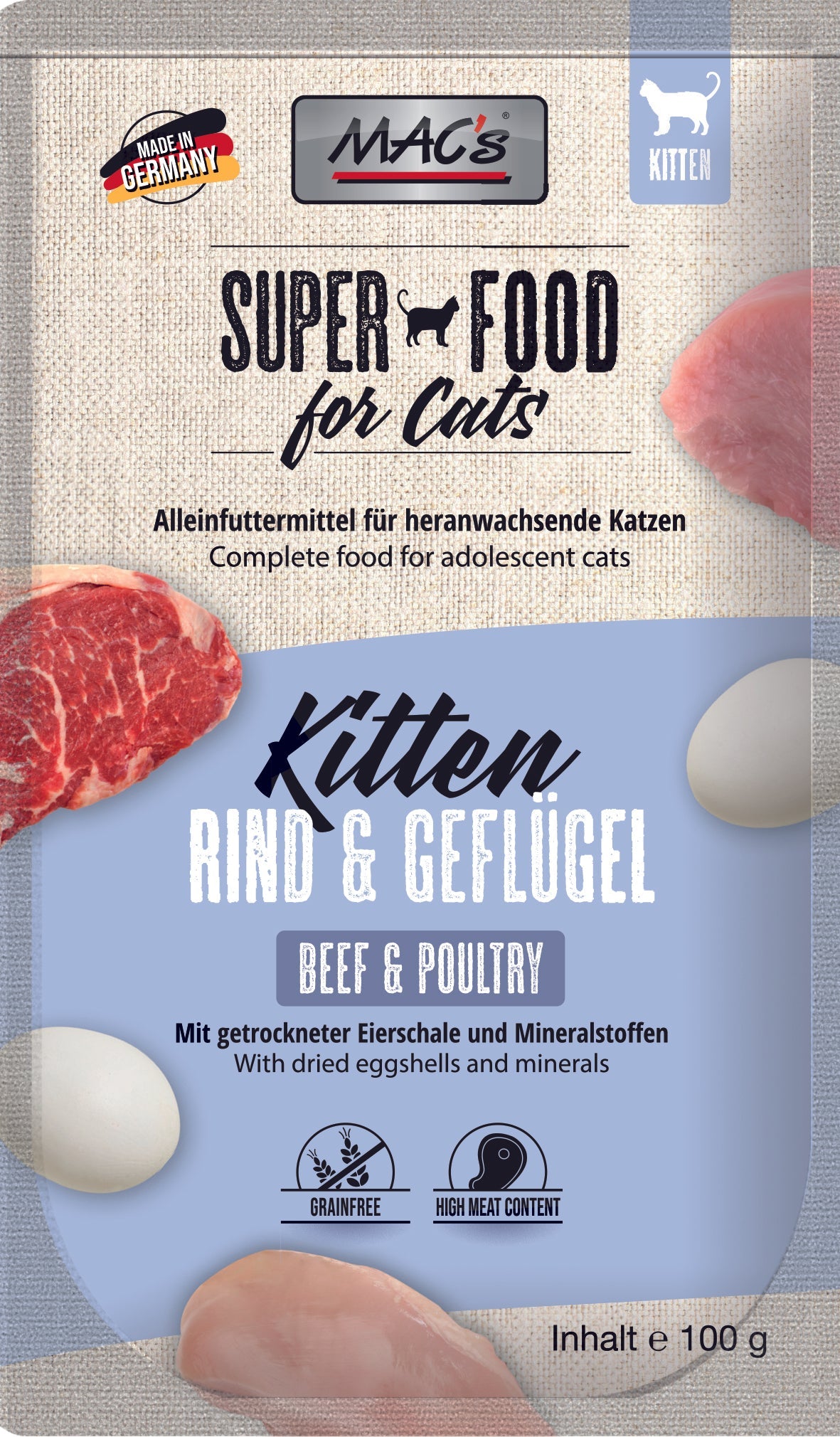 Artikel mit dem Namen MAC's Cat Kitten Rind & Geflügel im Shop von zoo.de , dem Onlineshop für nachhaltiges Hundefutter und Katzenfutter.