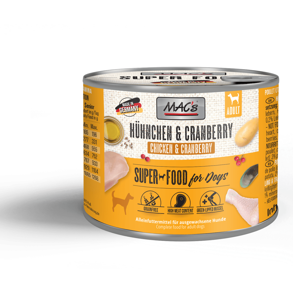 Artikel mit dem Namen MAC's Dog Hühnchen & Cranberry im Shop von zoo.de , dem Onlineshop für nachhaltiges Hundefutter und Katzenfutter.