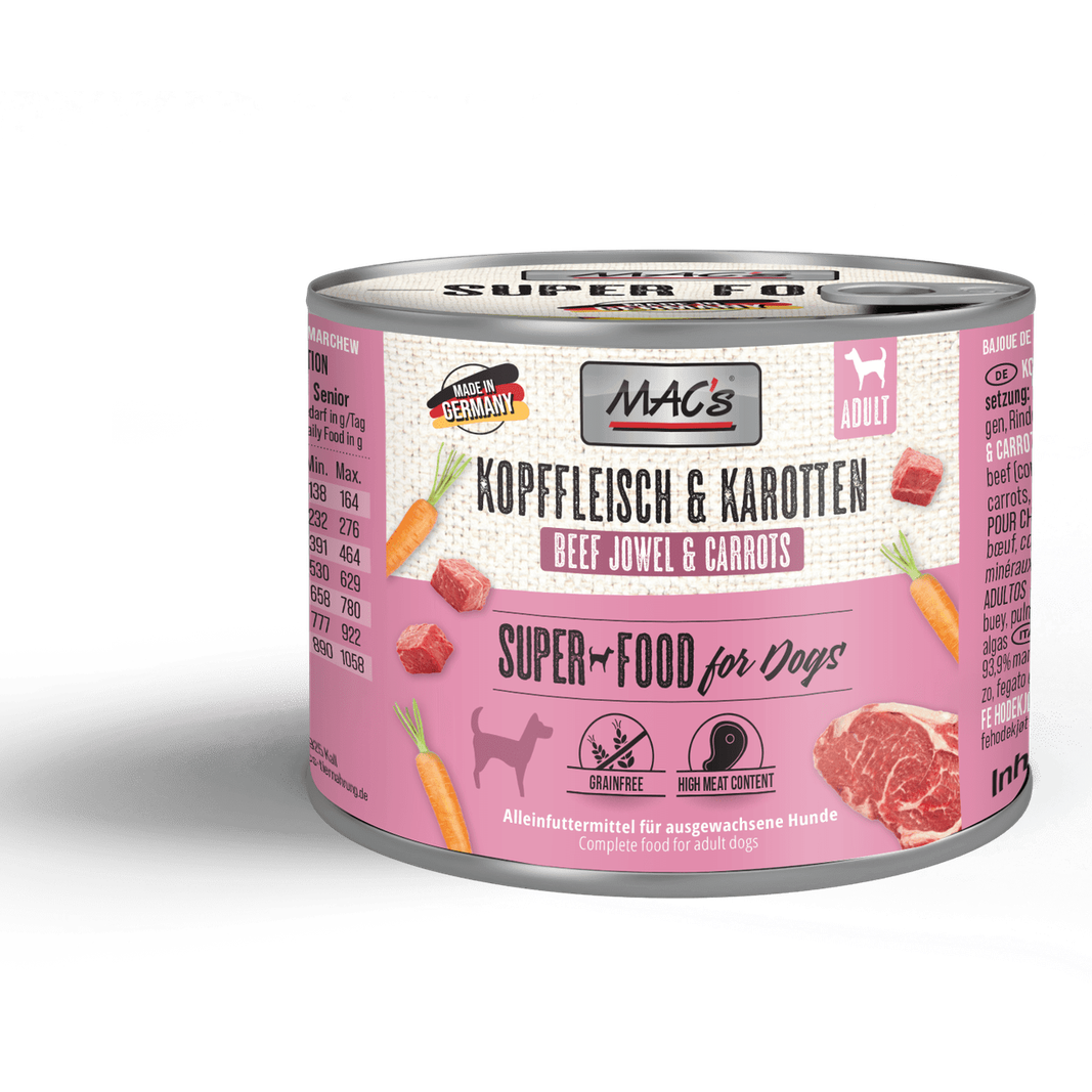 Artikel mit dem Namen MAC's Dog Kopffleisch & Karotten im Shop von zoo.de , dem Onlineshop für nachhaltiges Hundefutter und Katzenfutter.