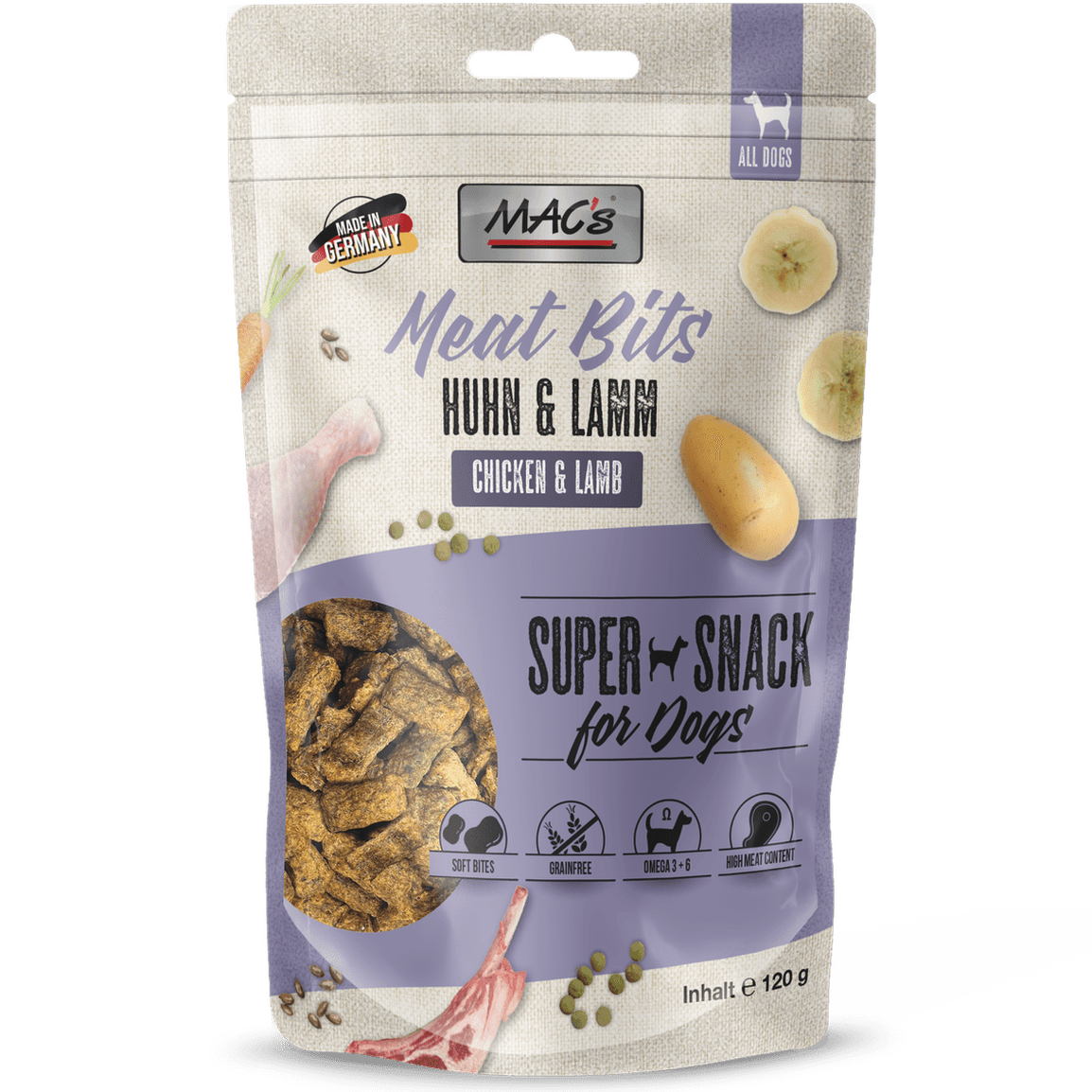 Artikel mit dem Namen MAC's Meat Bits Huhn+Lamm im Shop von zoo.de , dem Onlineshop für nachhaltiges Hundefutter und Katzenfutter.