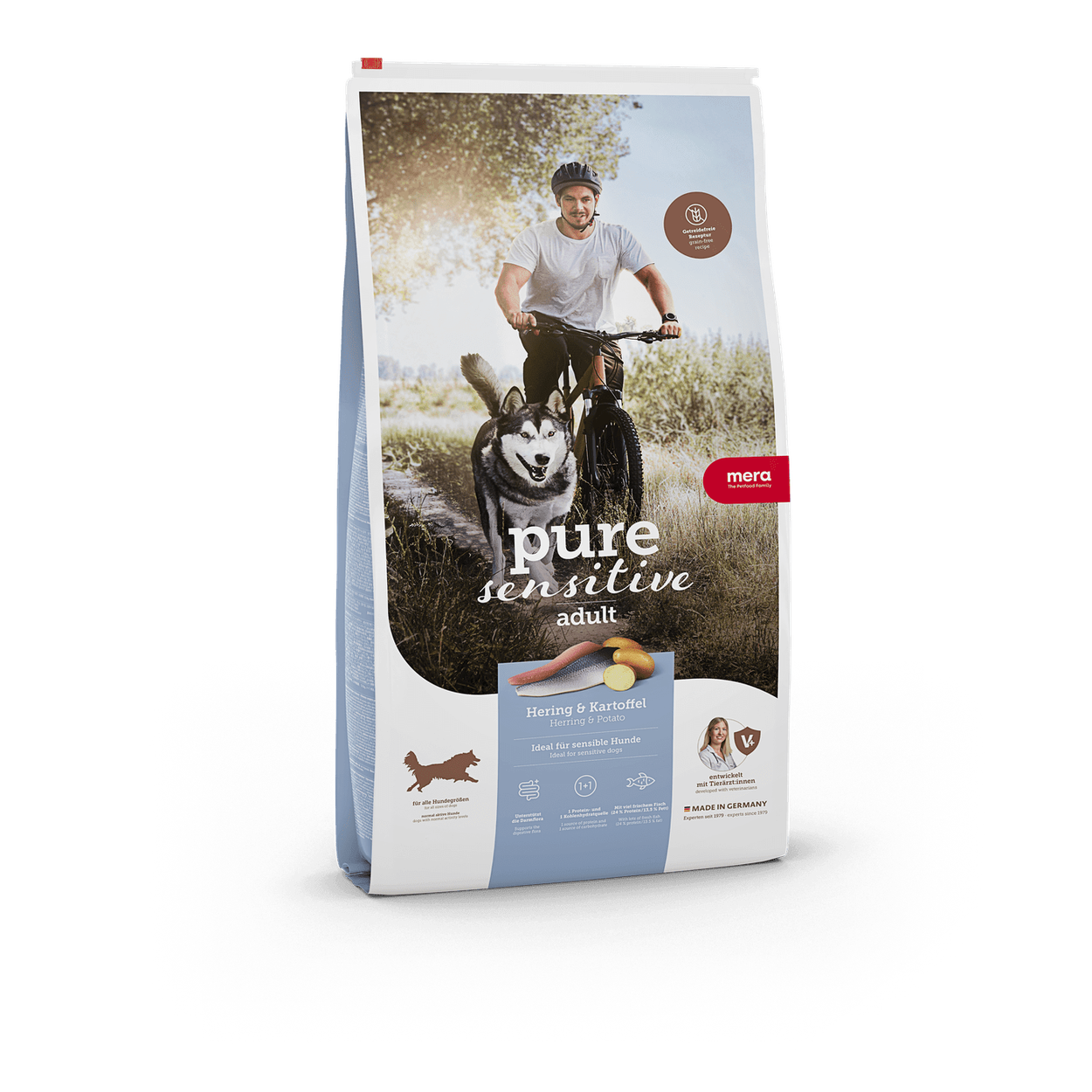 Artikel mit dem Namen Mera Dog Pure FM Hering & Kartoffel im Shop von zoo.de , dem Onlineshop für nachhaltiges Hundefutter und Katzenfutter.