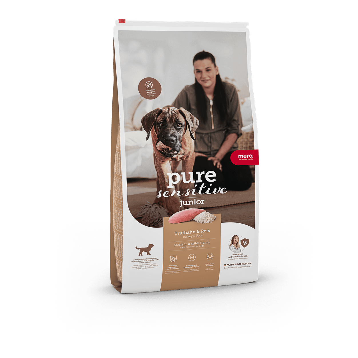 Artikel mit dem Namen Mera Dog Pure Junior Truthahn &amp; Reis im Shop von zoo.de , dem Onlineshop für nachhaltiges Hundefutter und Katzenfutter.