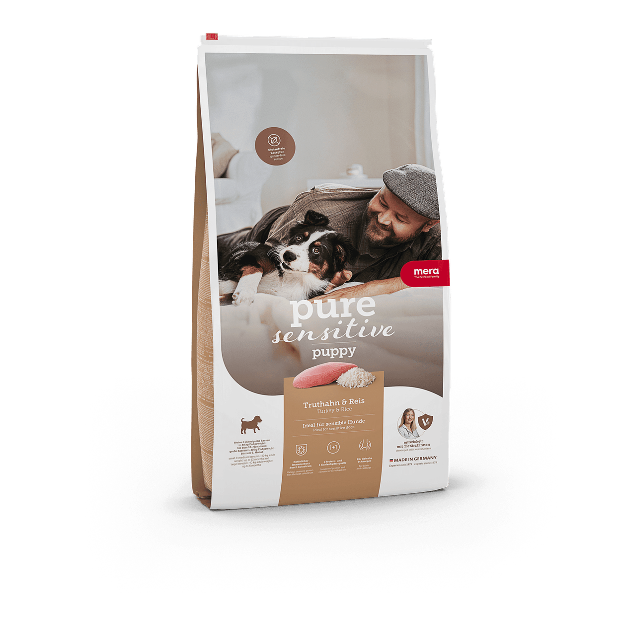 Artikel mit dem Namen Mera Dog Pure Puppy Turthahn & Reis im Shop von zoo.de , dem Onlineshop für nachhaltiges Hundefutter und Katzenfutter.