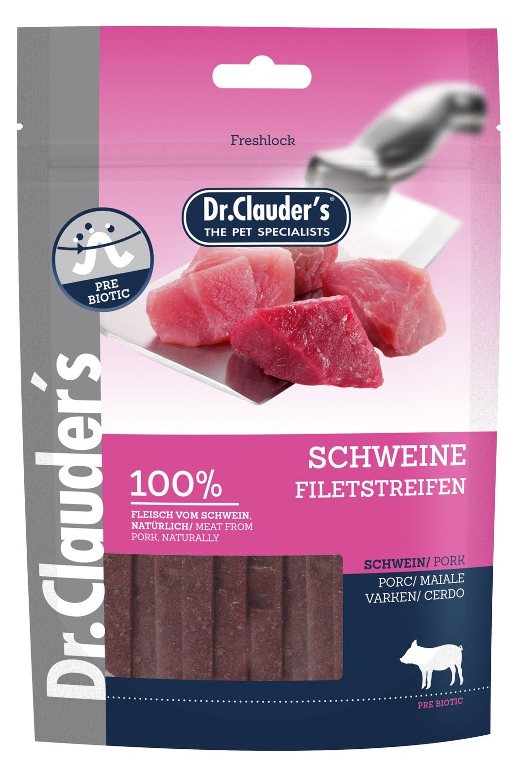 Artikel mit dem Namen Dr.Clauder's Premium Schwein Filetstreifen im Shop von zoo.de , dem Onlineshop für nachhaltiges Hundefutter und Katzenfutter.