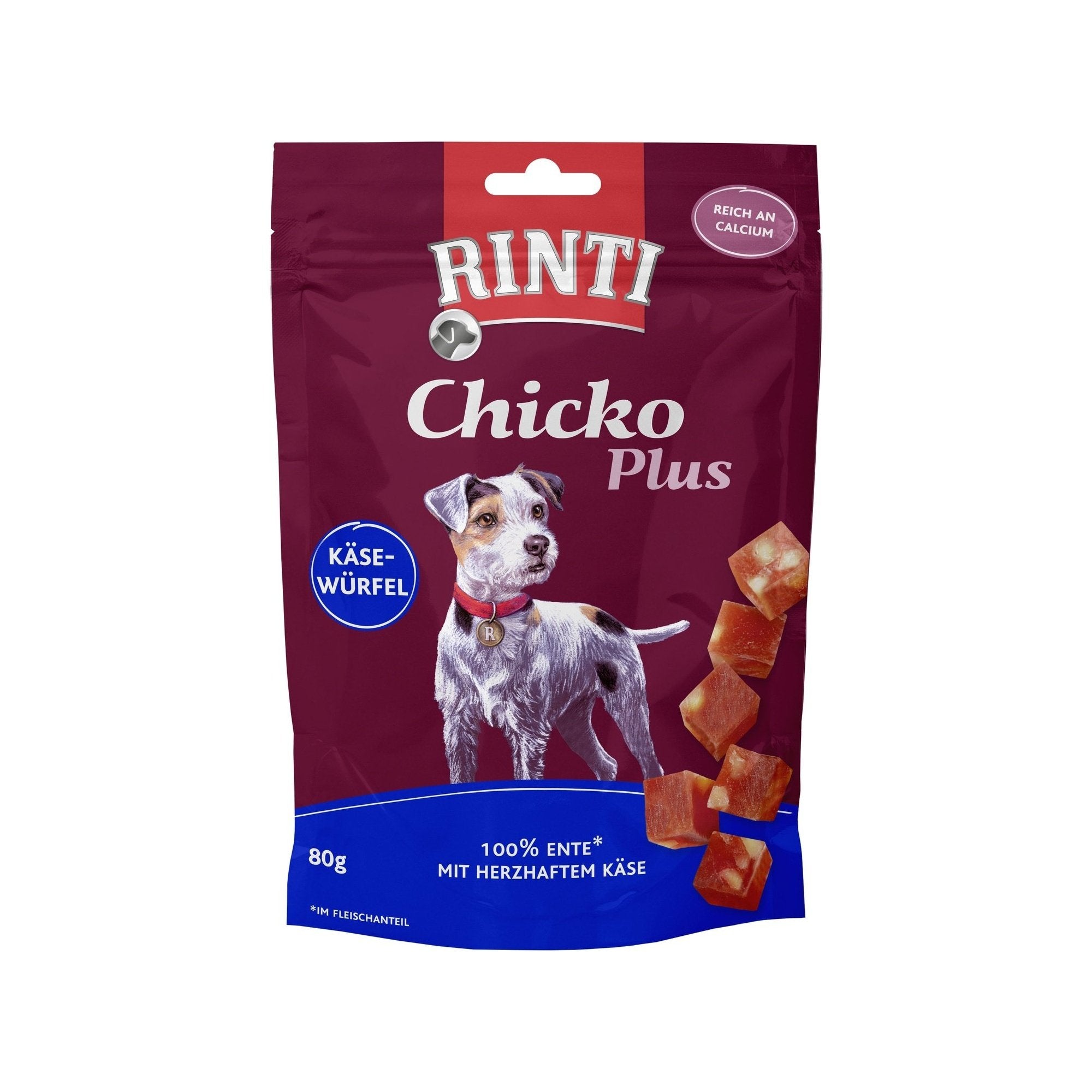 Artikel mit dem Namen Rinti Chicko Käsewürfel mit Ente im Shop von zoo.de , dem Onlineshop für nachhaltiges Hundefutter und Katzenfutter.