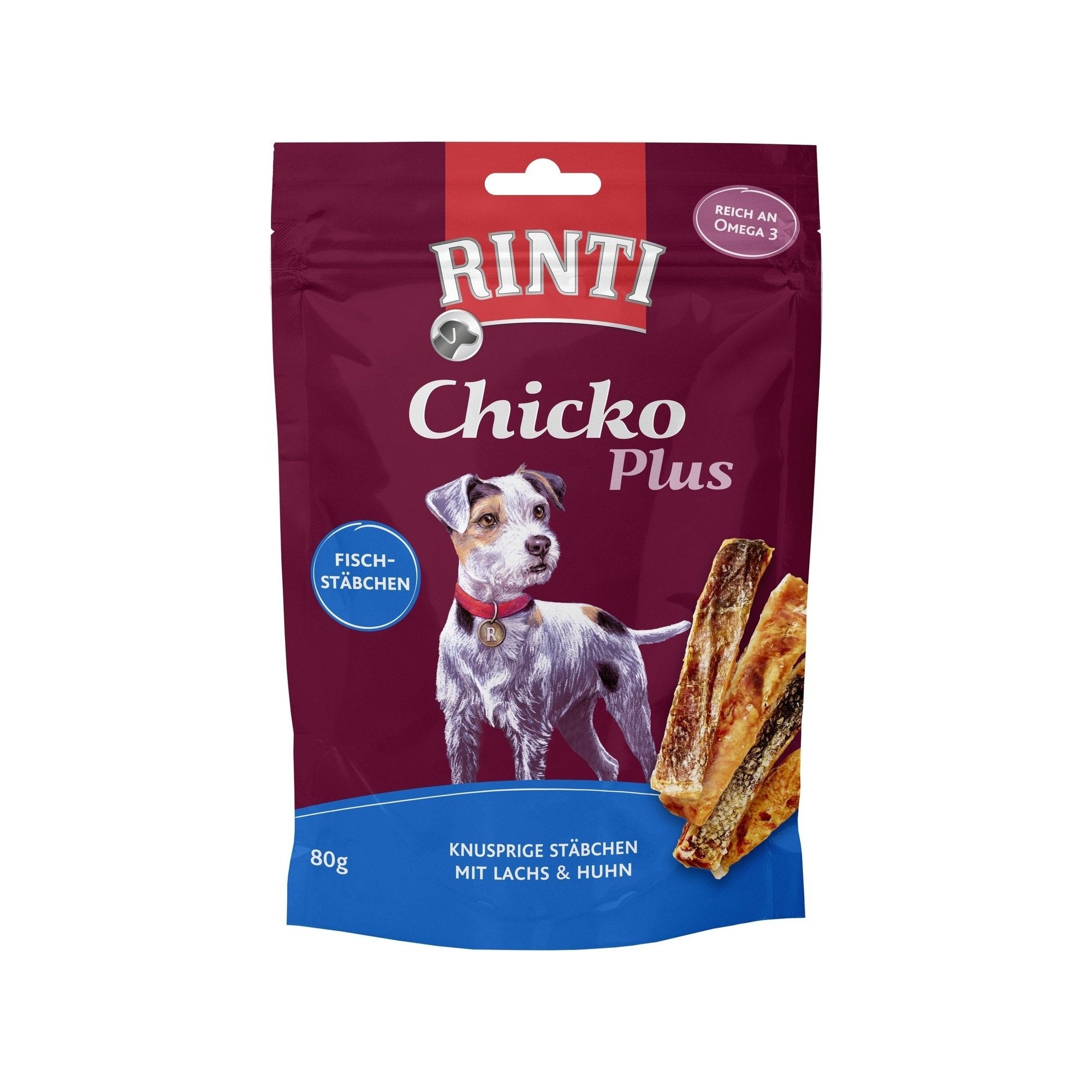 Artikel mit dem Namen Rinti Chicko Plus Fischstächen mit Lachs & Huhn im Shop von zoo.de , dem Onlineshop für nachhaltiges Hundefutter und Katzenfutter.