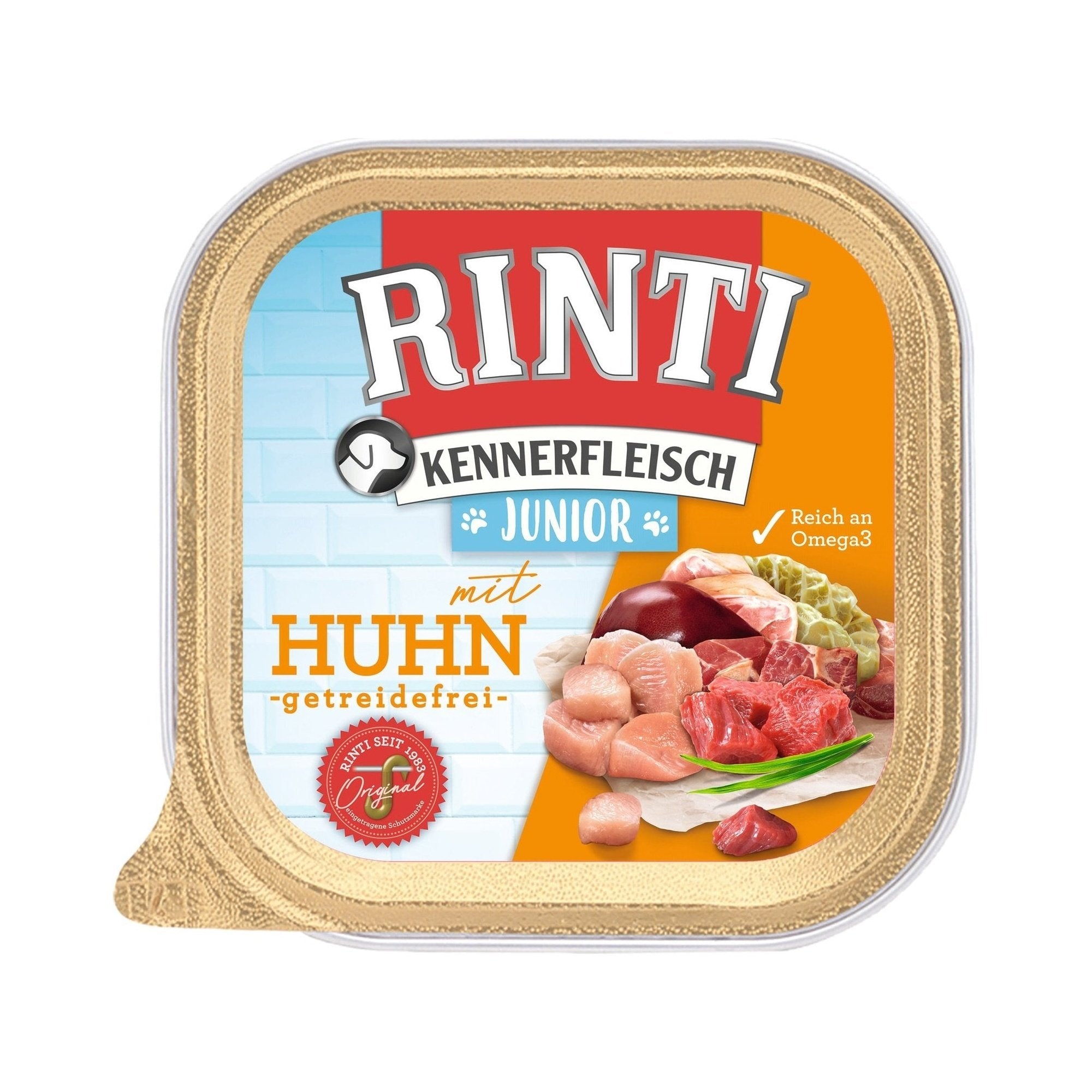 Artikel mit dem Namen Rinti Kennerfleisch Plus Junior mit Huhn im Shop von zoo.de , dem Onlineshop für nachhaltiges Hundefutter und Katzenfutter.