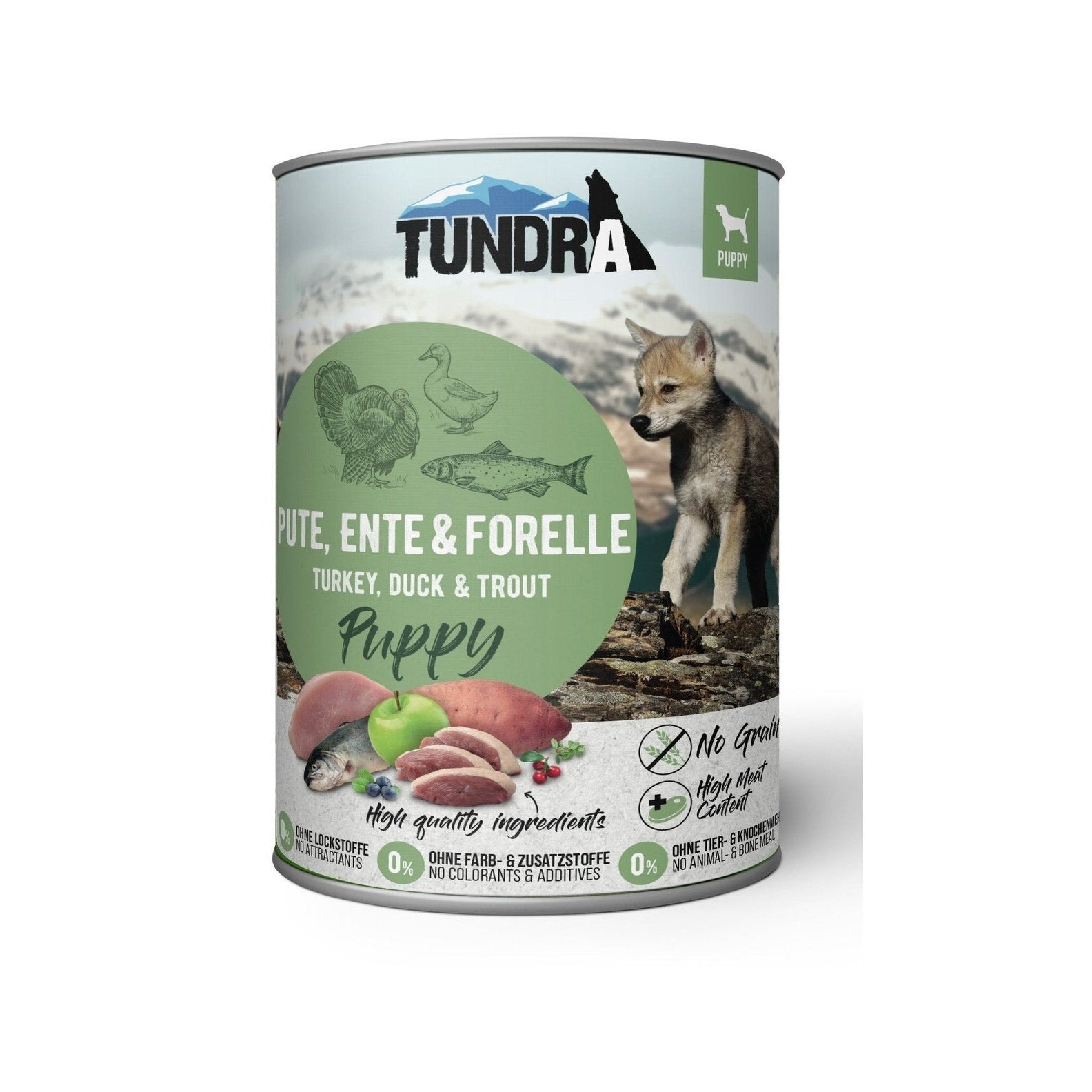 Artikel mit dem Namen Tundra Dog Puppy Pute, Ente &amp; Forelle Dose im Shop von zoo.de , dem Onlineshop für nachhaltiges Hundefutter und Katzenfutter.