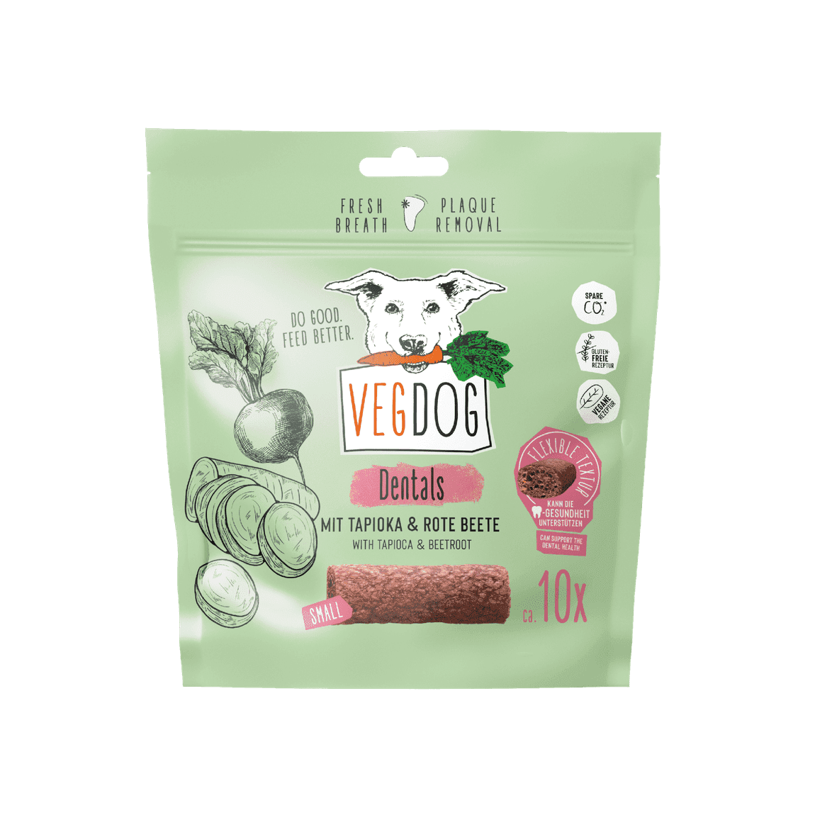 Artikel mit dem Namen VegDog Dentals Tapioka+RB 120g im Shop von zoo.de , dem Onlineshop für nachhaltiges Hundefutter und Katzenfutter.