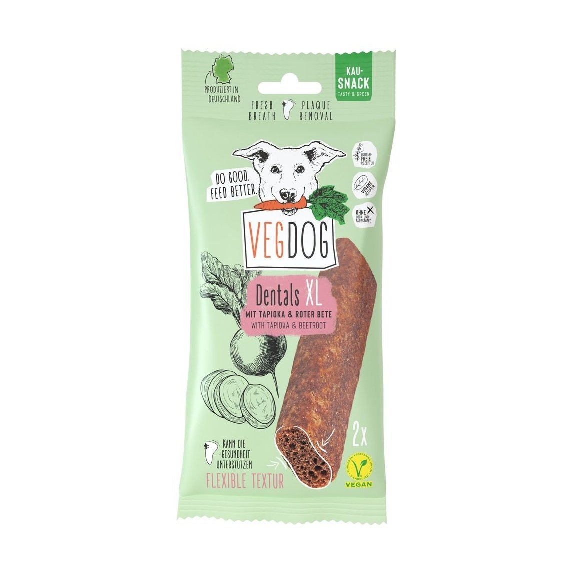 Artikel mit dem Namen VegDog Dentals XL 110g im Shop von zoo.de , dem Onlineshop für nachhaltiges Hundefutter und Katzenfutter.