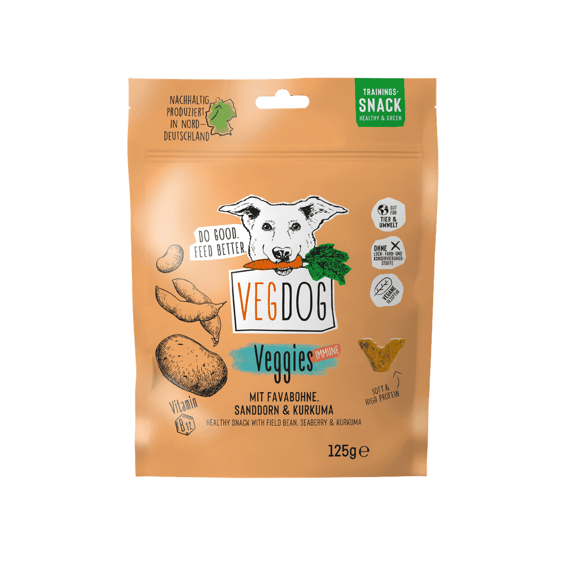 Artikel mit dem Namen VegDog VEGGIES Immune 125g im Shop von zoo.de , dem Onlineshop für nachhaltiges Hundefutter und Katzenfutter.