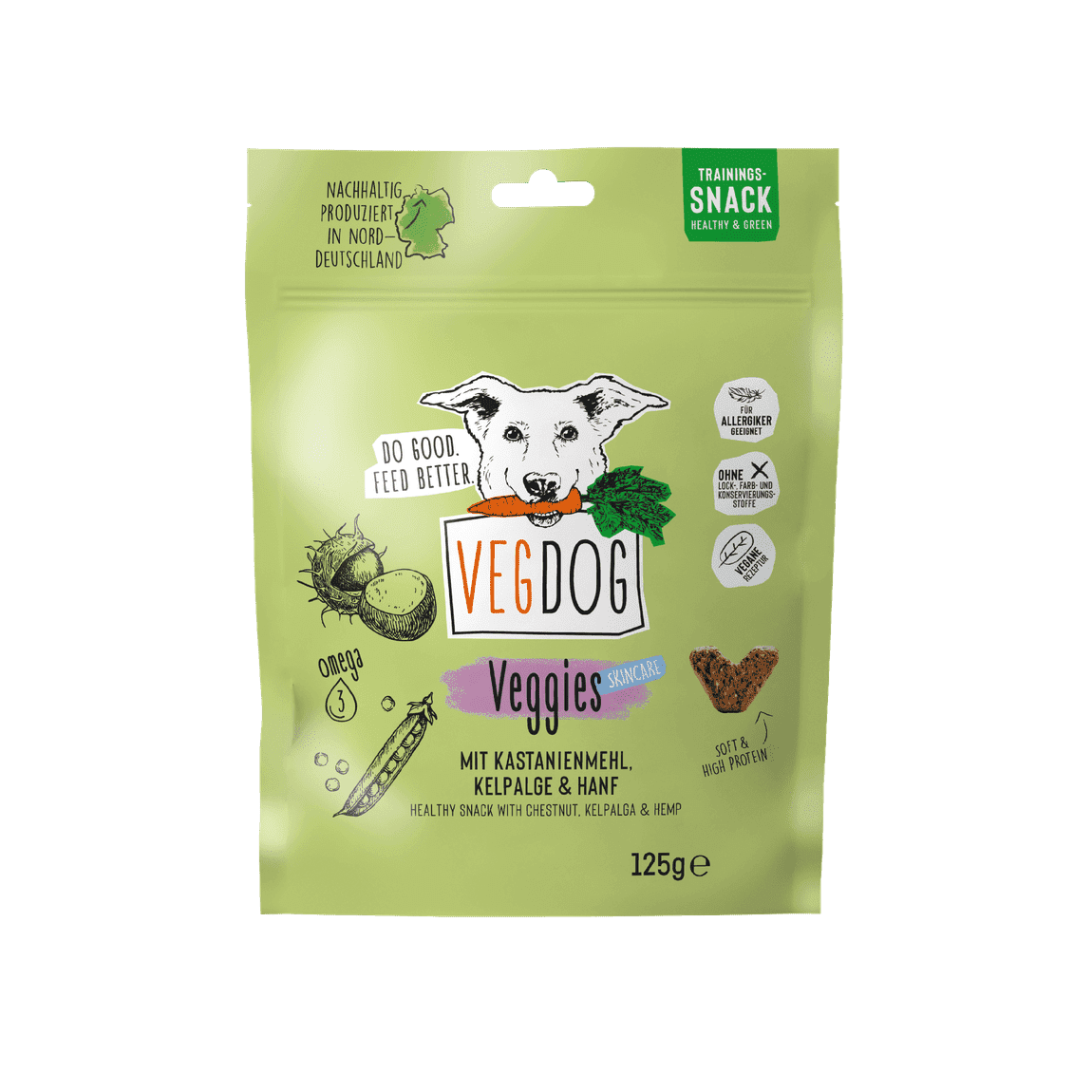 Artikel mit dem Namen VegDog VEGGIES Skincare 125g im Shop von zoo.de , dem Onlineshop für nachhaltiges Hundefutter und Katzenfutter.