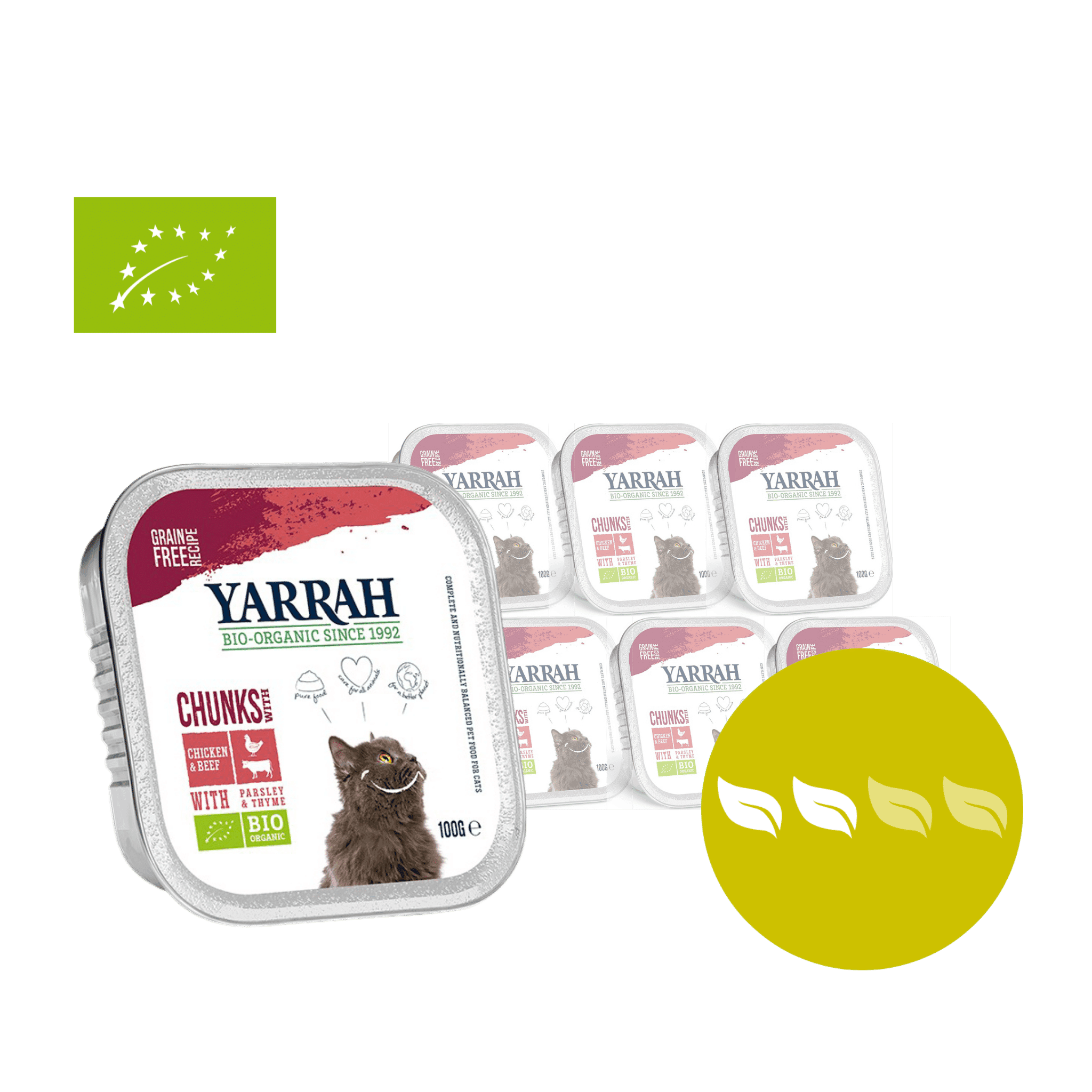 Artikel mit dem Namen Yarrah Bio-Katzenfutter Bröckchen mit Huhn und Rind im Shop von zoo.de , dem Onlineshop für nachhaltiges Hundefutter und Katzenfutter.